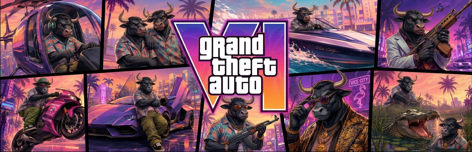 GTA SEM bull mascot in various Vice City scenes — helicopter, boat, motorcycle, penthouse